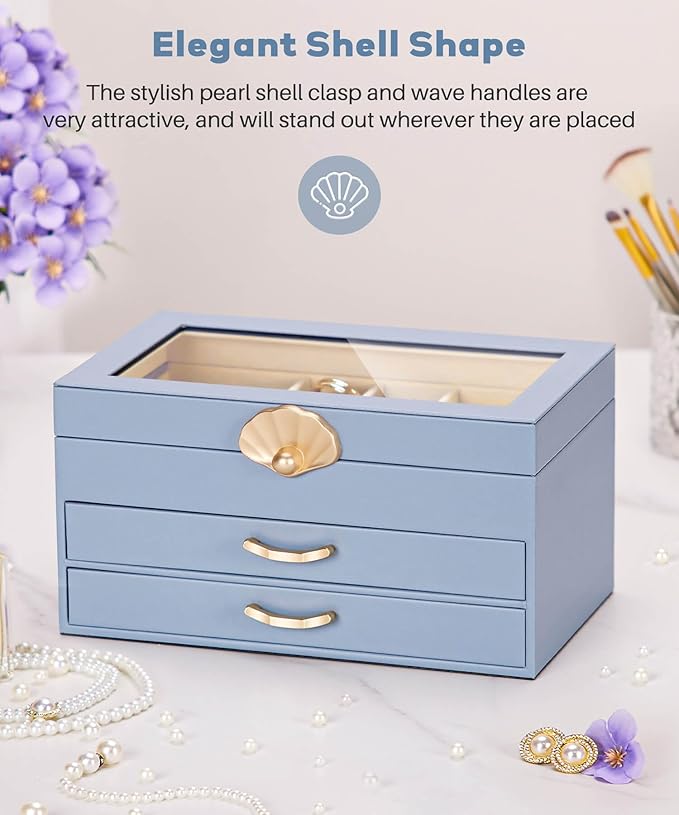 Jewelry Box with 2 Drawers: Jewelry Display Organizer for Earrings Necklaces - Gifts for Girls Women (Grey Blue)