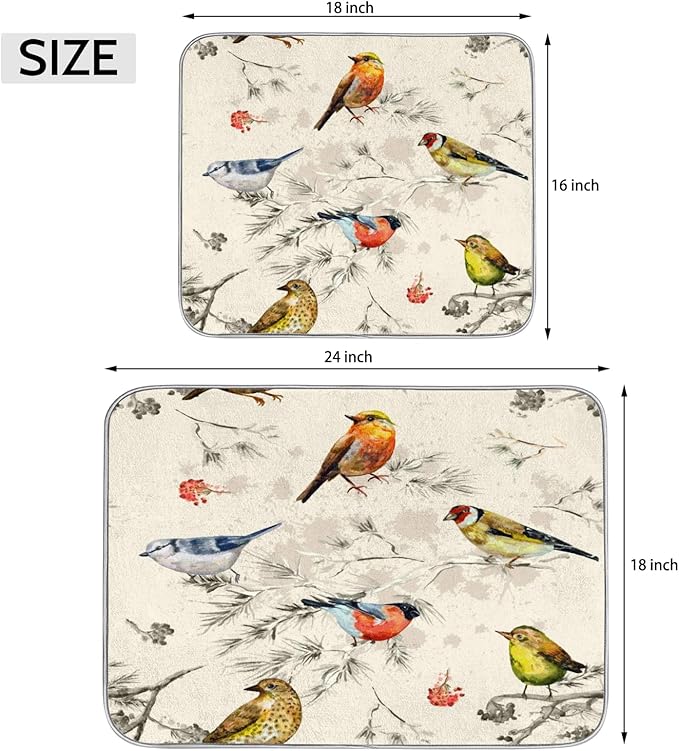 Hexteria Vintage Birds Dish Drying Mat for Kitchen Counter, Absorbent Reversible Microfiber Dish Drying Pad Kitchen Drying Mat for Home Decor, 16 x 18 inch