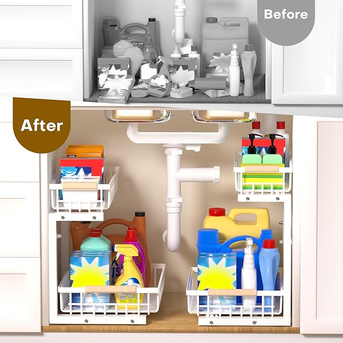ZELOREA Under Sink Organizer, 2 Tier Pull Out Under-Sink Shelves, Adjustable Height (13.8" -16.9"), Sturdy Metal Storage Organizer for Bathroom Kitchen Pantry Cabinet (2 Packs, White)