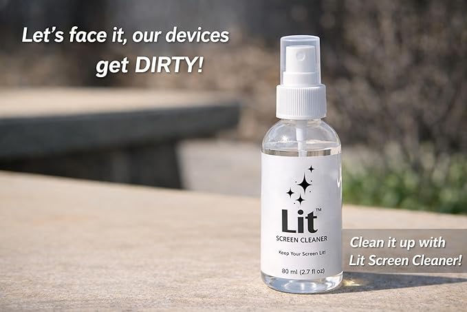 Lit Screen Cleaner Spray Kit (80 mL) + Microfiber Cloth — for Phone, iPad, Tablet, Laptop, Monitor, TV, Camera Lenses & Eyeglasses — Streak-Free, Alcohol-Free & Ammonia-Free, Travel Size
