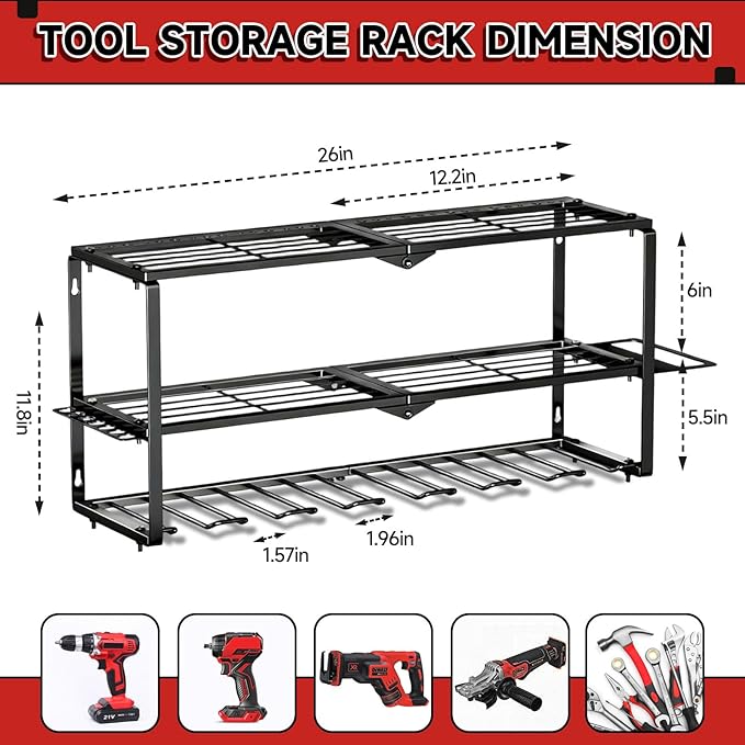 CRELYSTER Power Tool Organizer Wall Mount, 150Lbs 3 Layer Metal Tool Storage Rack with 7 Cordless Drill Holder Heavy Duty, Battery Drills Storage Tool Organizer for Workshop,Garage,Tool Room,Pegboard
