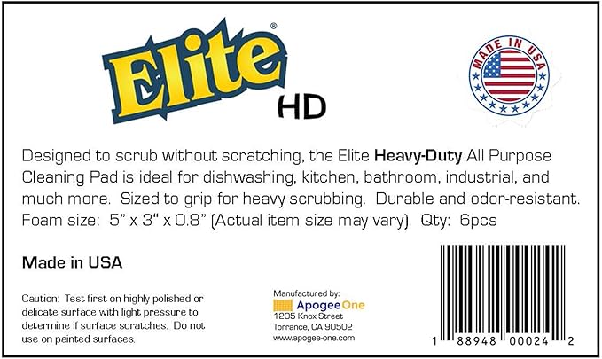 Elite HD (Heavy Duty) All Purpose Cleaning Pad, 6 Pack, Non Scratch, Dish Sponge, Scrubber, Made in USA. Large Thick Sponge for Household and Industrial Use. Sized to Grip for Heavy Scrubbing.