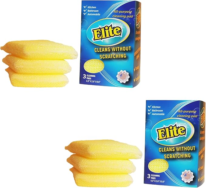 Elite All Purpose Cleaning Pad, 6 Pads (2x3pack), Non Scratch, Dish Sponge, Scrubber, Sponges for Kitchen and Household Use, Made in USA