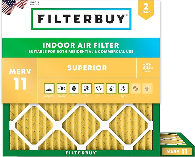 Filterbuy 22x22x1 Air Filter MERV 11 Superior Pet & Allergy Defense (2-Pack), Electrostatic Pleated HVAC AC Furnace Filters Replacement, Made in USA (Actual Size: 21.50 x 21.50 x 0.75)