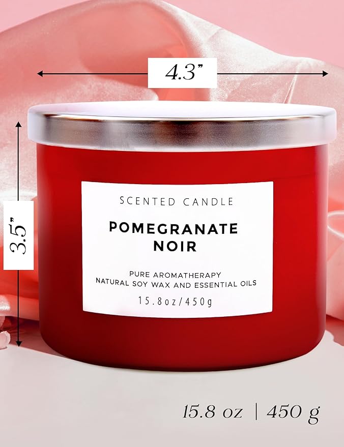 Large 3 Wick Scented Candle 15.8oz | Pomegranate Noir Sweet Fruity Vanilla Candle | Ruby Red Jar Candle | Aromatherapy Stress Relief | Luxury Gift for Women & Men