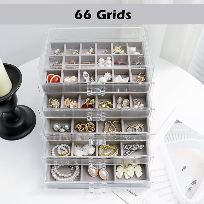 Jewelry Organizer with 5 Drawers Clear Acrylic Earring Display Case Velvet Jewelry Storage Box Display Holder for Earring Ring Bracelet Necklace (Gray, 66 Grids)