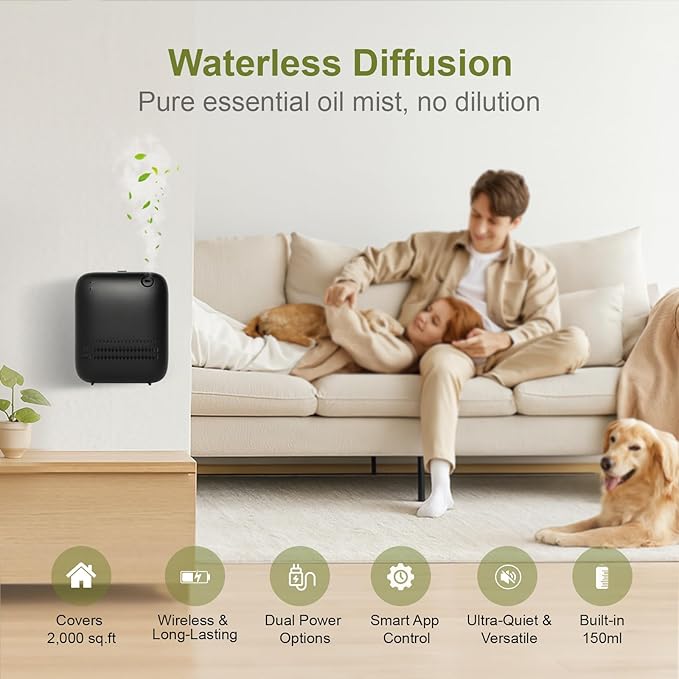 Waterless Diffuser,Wireless Essential Oil Battery Operated,2000 Sq Ft,Safety Lock,Quiet,Bluetooth App,Hotel Home Collection Scent Machine - Black