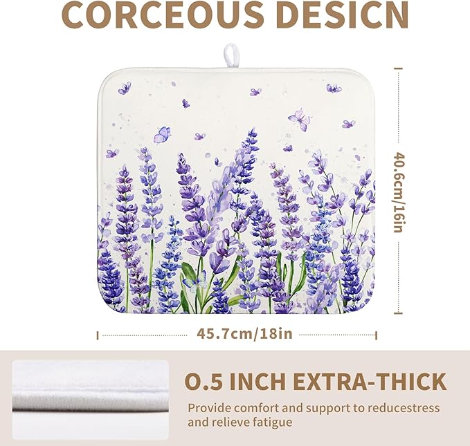 Purple Lavender Dish Drying Mat for Kitchen Counter Spring Summer Flower Floral Dishes Drainer Mats Absorbent Microfiber Dish Drying Pad Washable Dish Draining Mat Medium 16x18 Inch