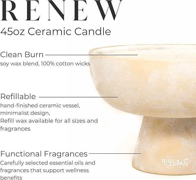 Blueme Renew Candle | Ivy & Rose | 6 Wick - Refillable Wellness Candle with Essential Oils, Hand Finished & Poured Soy Wax Blend Ceramic Vessel, Natural Cotton Wicks | Giant 45 oz