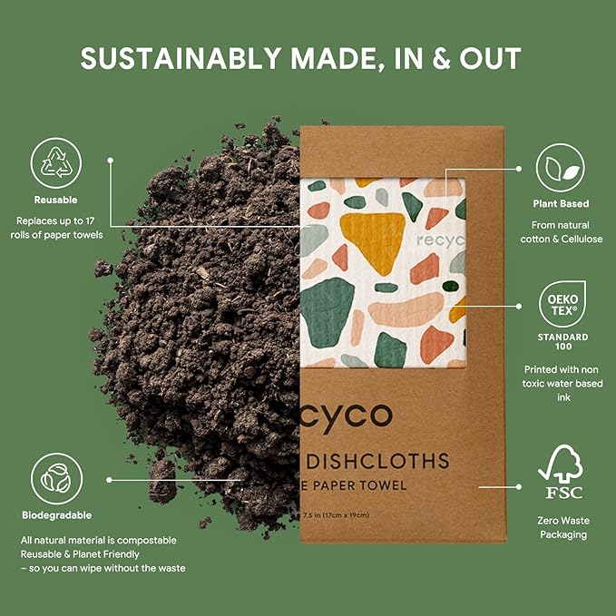 RECYCO Swedish Dishcloths for Kitchen | 5 Pack Urban Boho Terrazzo Washable Dish Rags | Cellulose Reusable Cleaning Paper Towels | Absorbent Counter Dish Cloth Sponge Kitchen Wipes, 8" L x 7" W