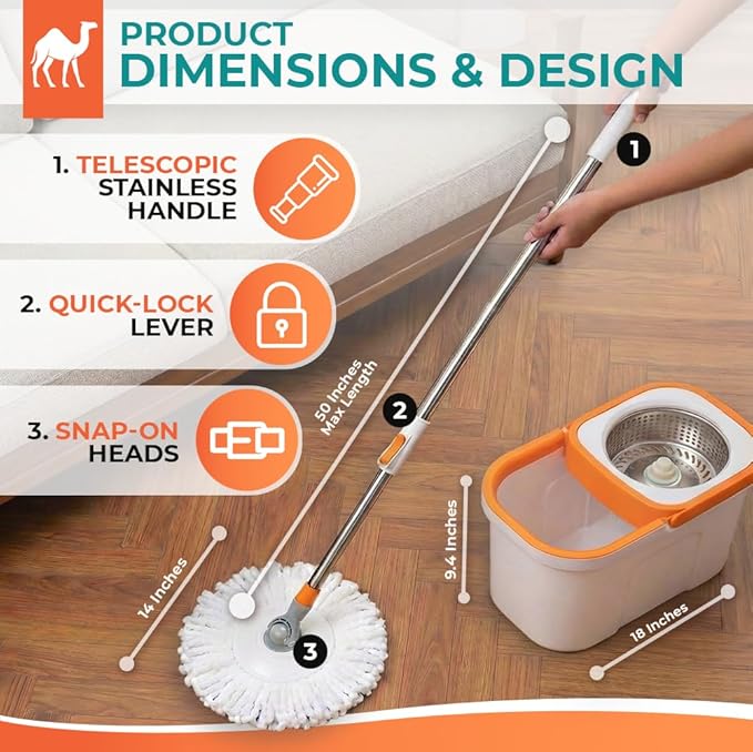 Grazie Spin Mop & Bucket Set - 360° Self-Wringing System, Stainless Steel Handle - Hands-Free Floor Cleaning for Hardwood, Tile, Laminate - Includes 2 Washable Microfiber Mop Head Refills