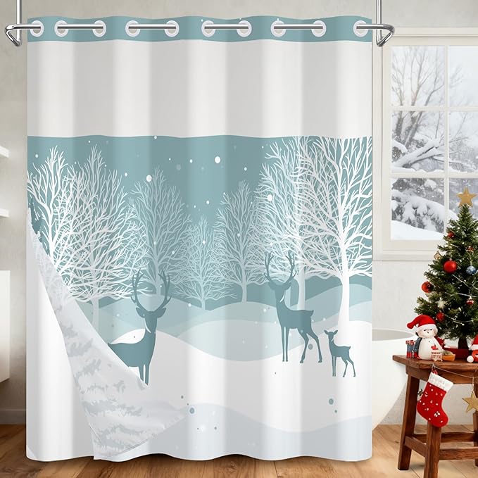 No Hook Reindeer Christmas Shower Curtain with Snap in Liner, Waterproof Winter Shower Curtain with Sheer Top Window, Snowy Forest Holiday Shower Curtains for Bathroom, 71x74 Inches