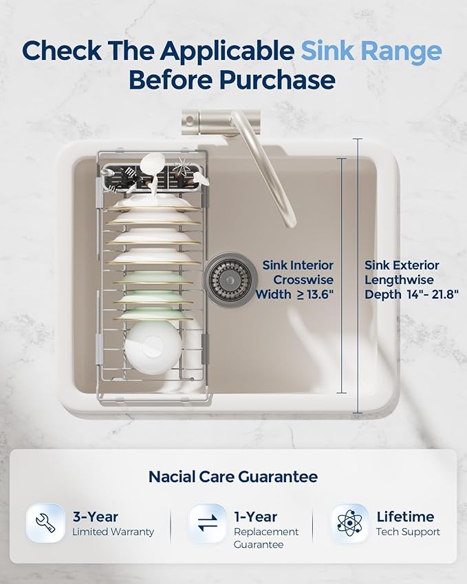 Nacial 2-in-1 Small Dish Drying Rack Fits 14''–21.8'' Sink, Dish Drainers for Kitchen Counter Extend Kitchen Sink Drain Basket with Utensil Holder & Auto-Drain Tray, Stainless Steel Plate Rack, Gris