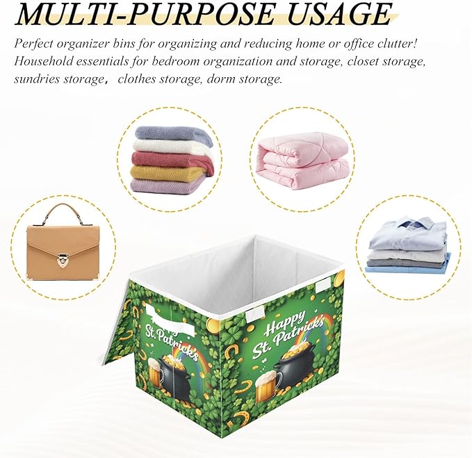 Bolaz St Patrick Green Storage Bins with Lids and Handles, Rainbow Foldable Storage Box Storage Basket with Cover Collapsible Organizer Containers for Home Closet, Shelves