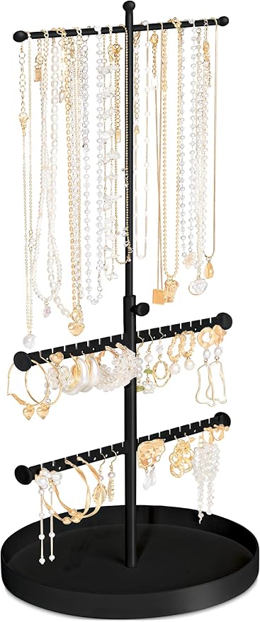 Jenseits Jewelry Holder Stand, 3 Tier Necklace Tree Organizer, Adjustable Height Jewelry Earring Display Towers, Long Necklaces Earrings Bracelets Jewelry Storage Rack for Dresser Bathroom Vanity