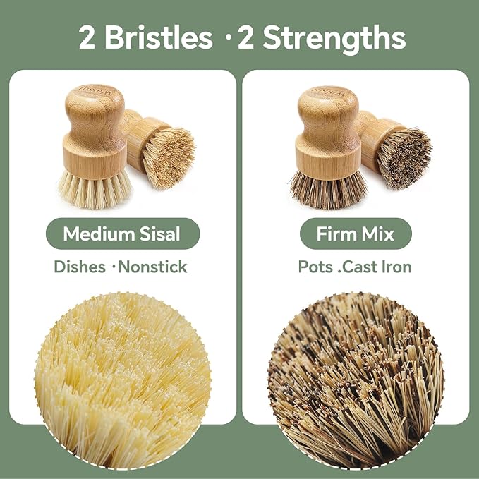Waisul Bamboo Dish Brush Set, 4 Pack, Plastic-Free (2 Medium Sisal, 2 Firm Coconut Coir), Dish Scrubber & Vegetable Brush for Cast Iron, Nonstick