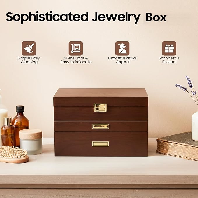 Wooden Jewelry Box for Women, 3 Layers Large Wooden Jewelry Organizer Box Watches Necklace Ring Storage Box for Women (Walnut 3 Layer)