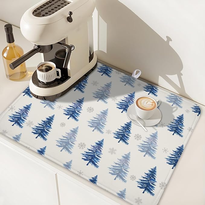ABSOP Winter Dish Drying Mat 18 x 24 Inch Blue Tree Dish Drying Pad Absorbent Microfiber Mats for Snowflake Dish Rack Pad for Holiday Kitchen Counter Coffee Bar Decor