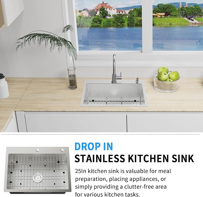 Kitchen Sink,25x18 Inch Stainless Steel Drop In Topmount Kitchen And Bar Sink Stylish and Modern Look Come With Bottom Grid,Drain Basket And Drain Assembly Add Elegance & Enhance Usability.