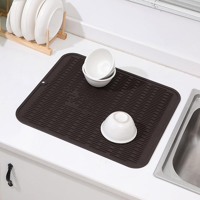 MicoYang Silicone Dish Drying Mat for Multiple Usage,Easy clean,Eco-friendly,Heat-resistant Silicone Mat for Kitchen Counter or Sink,Refrigerator or Drawer Liner Coffee 2XL 24 inches x 18 inches
