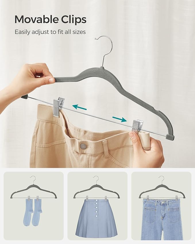 SONGMICS 20-Pack Pants Hangers, 16.7-Inch Long Velvet Hangers with Adjustable Clips, Heavy-Duty, Non-Slip Skirt Hangers, Space-Saving for Pants, Skirts, Coats, Dresses, Gray UCRF012G20