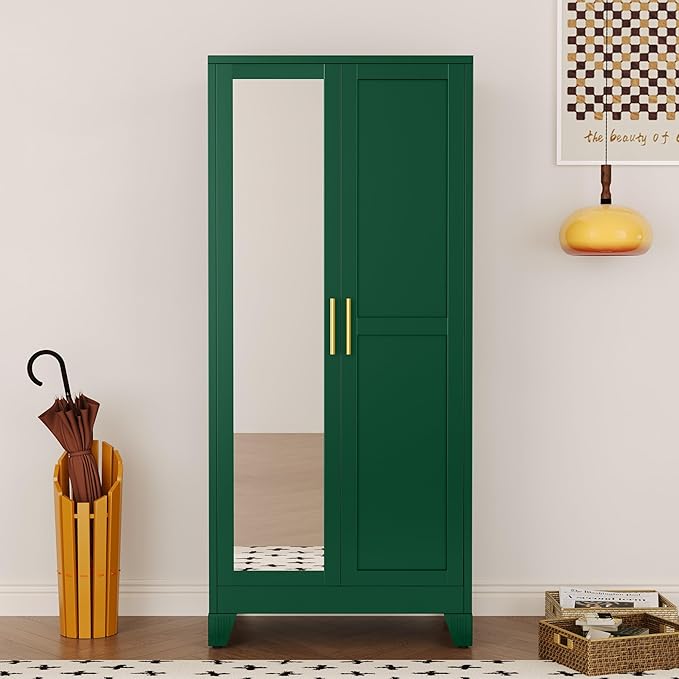 71" Metal Armoire Wardrobe Closet, Steel Clothing Storage Cabinet with Mirror and Adjustable Shelves, Household Steel Wardrobes Storage Cabinet with Adjustable Standing Feet and Hanging Rod（Green）