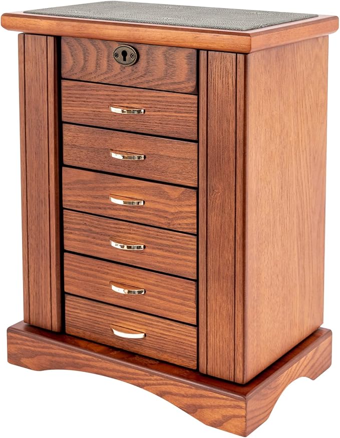 Jewelry Box for Women with Mirror, 7 Layers Jewelry Organizer 5 Drawers Jewelry Case with Side Organizer for Watches Necklace Ring Storage (Walnut)