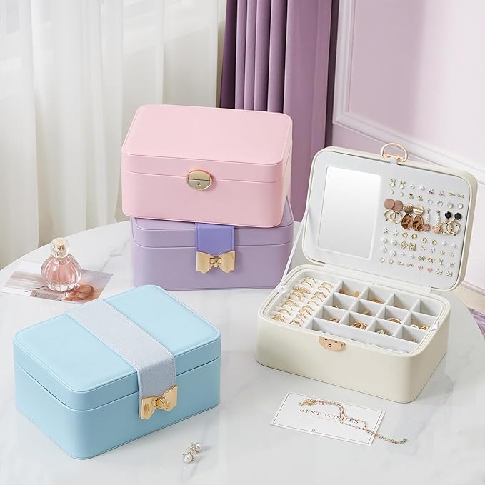 Lolalet 2 Layer Jewelry Box for Teen Girls & Young Women, Jewelry Organizer Case with Bow Clasp and Mirror for Earrings Rings Necklaces Storage, Gift Idea -Purple