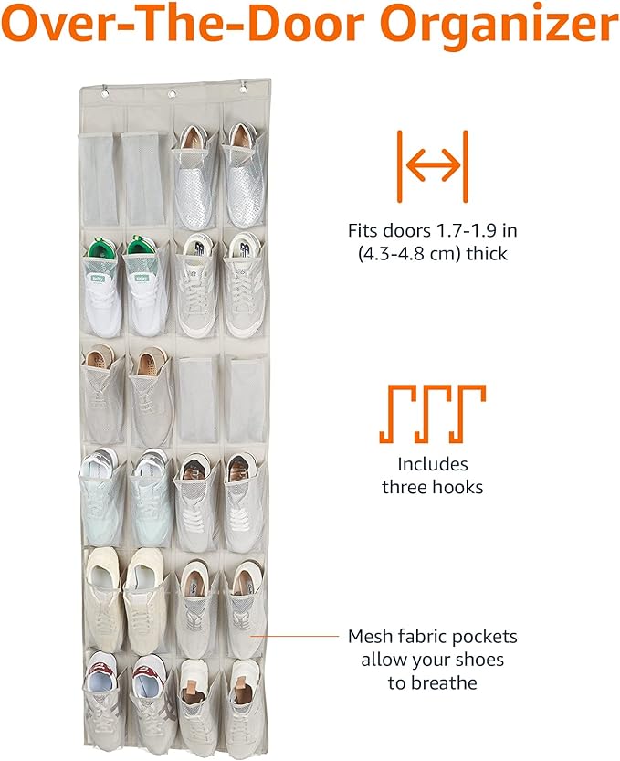 Amazon Basics Hanging Shoe Organizer Medium Pocket Light Grey | Over-the-Door, 24