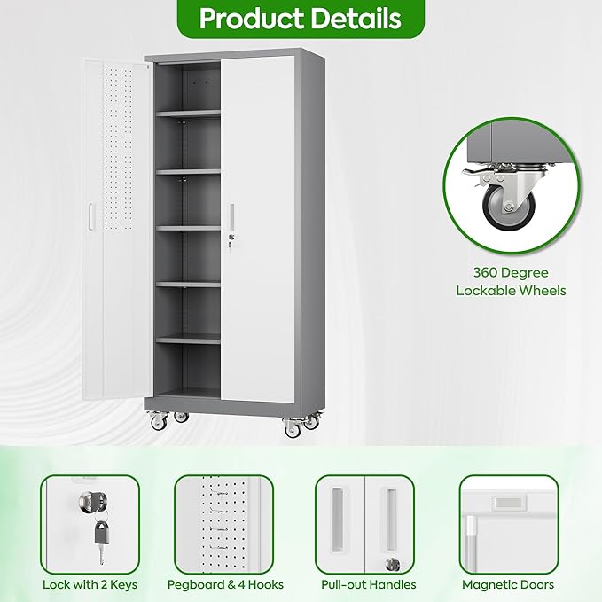 71" Metal Storage Cabinet with Wheels and Pegboard, Lockable Rolling Steel Storage Cabinet with 5 Adjustable Shelves and Door for Garage, Office, Kitchen, Assembly Required（Grey and White）