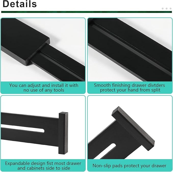 4 Pack Bamboo Kitchen Drawer Dividers with Inserts 2.6" High, Adjustable from 12.5 Inch to 21.7 Inch Drawer Organizers, Expandable Drawer Separators for Clothes, Bedroom, Dresser, Office (Black)