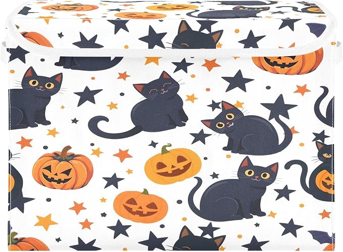 Bolaz Storage Bins with Lids and Handles,Black Cat Pumpkin Pattern Storage Box Basket with Cover Collapsible Organizer Containers for Home Closet, Shelves