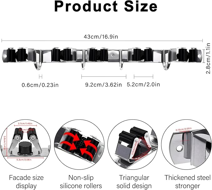 2 Packs 5 Racks and 4 Hooks Mop and Broom Holder Wall Mount, SUS304 Heavy Duty Broom Organizer Storage Tool Racks, Self Adhesive Solid Non-slip Tool Hangers for Home Kitchen Garden Laundry Garage