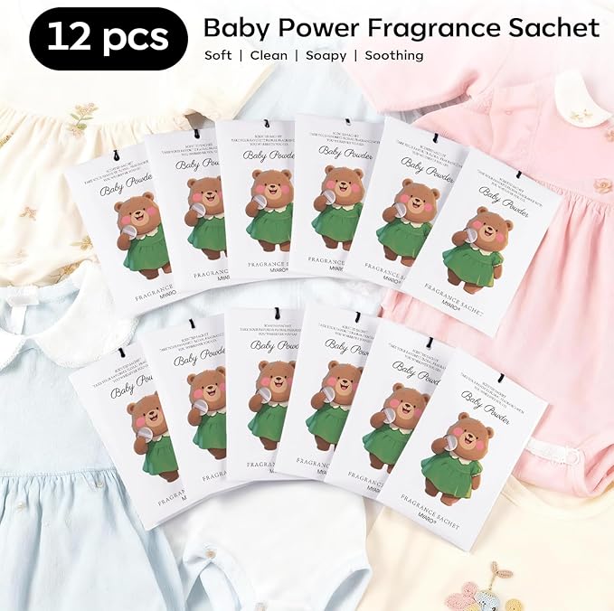 MYARO 12 Packs Baby Powder Scent Sachets Room Air Freshener for Closet Drawer Clothes Storage Small Space Odor Eliminator