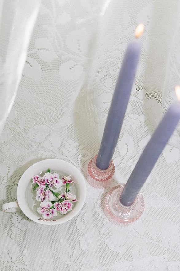 Bluecorn Beeswax Taper Candles, 100% Pure Natural Bees Wax, 8 Inch Pair, Lilac Candlesticks, Unscented, Clean Burning & Dripless, Long Lasting, Thanksgiving & Christmas Decor, American Made, 1 Count