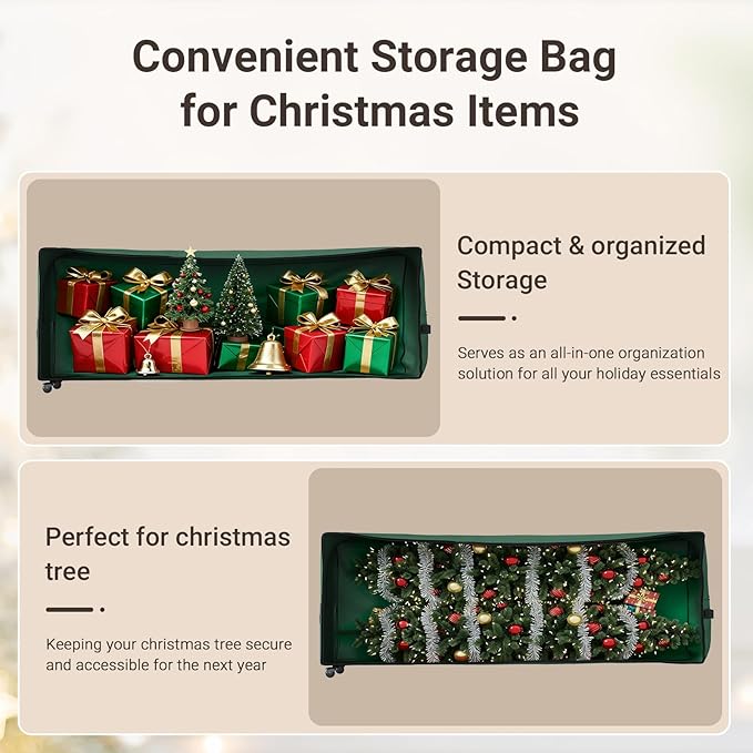 ELYKEN Christmas Tree Storage Bag with Wheels, Rolling Storage Bag for Artificial Christmas Tree and Decorations, Heavy Duty 600D Oxford Fabric, Length-Adjustable Handles, 16x20x64in, Green