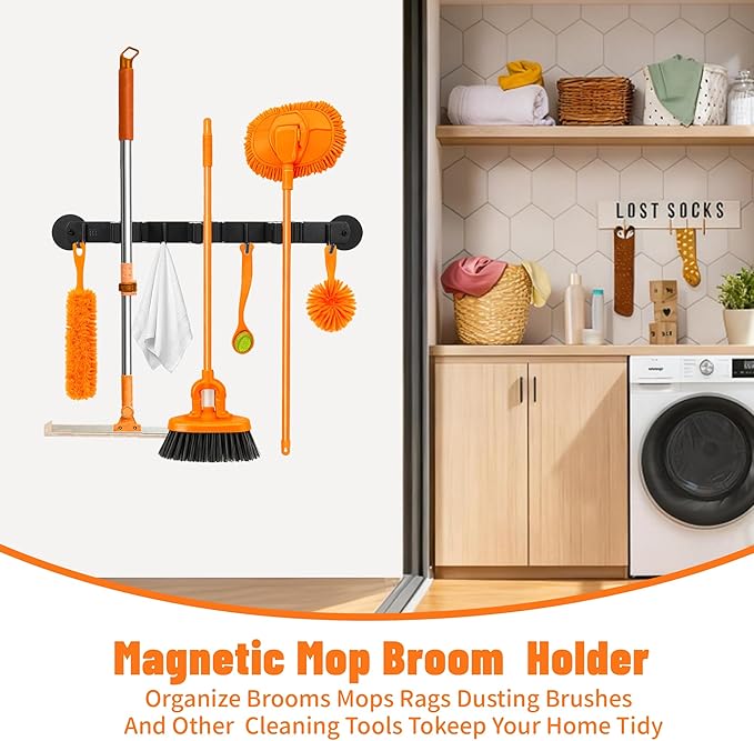 Magnetic Broom Holder Wall Mount with 4 Hooks and 3 Rack- Heavy Duty Non-Slip Mop Hanger for Wet Mops &Cleaning Tools on Refrigerator,Metal Door,Garage,Kitchen (3Racks 4Hooks)