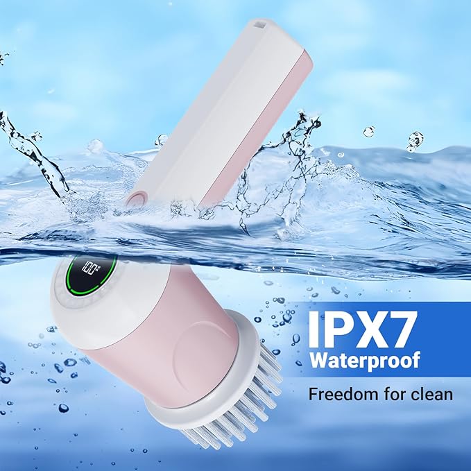 PUFTEM Electric Spin Scrubber, Cordless Shower Scrubber with Battery Level Display, 2 Speeds Electric Scrubber for Cleaning with 6 Replaceable Heads, Cleaning Brush for Bathroom/Sink/Window (Pink)