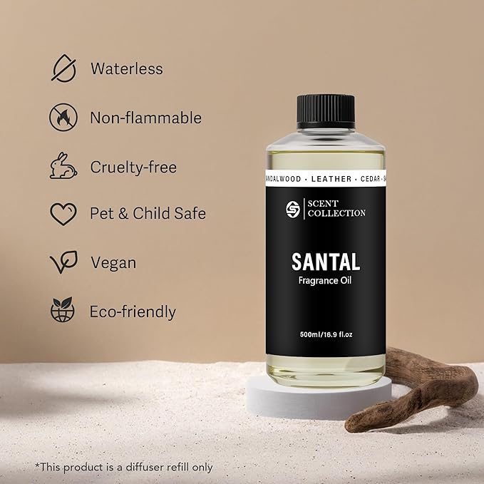 Luxury Hotel Scent Santal Diffuser Oil Waterless Essential Aromatherapy for Cold Air & Car Diffusers – Long Lasting Refill for Large Room & Home - Non Toxic, Signature Sandalwood (500ml/16.9Fl oz)