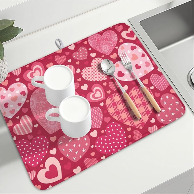 ABSOP Valentine's Day Dish Drying Mat 18 x 24 Inch Heart Shaped Pattern Dish Drying Pad Absorbent Microfiber Mats for Red Dish Rack Pad for Kitchen Counter Coffee Bar Decor