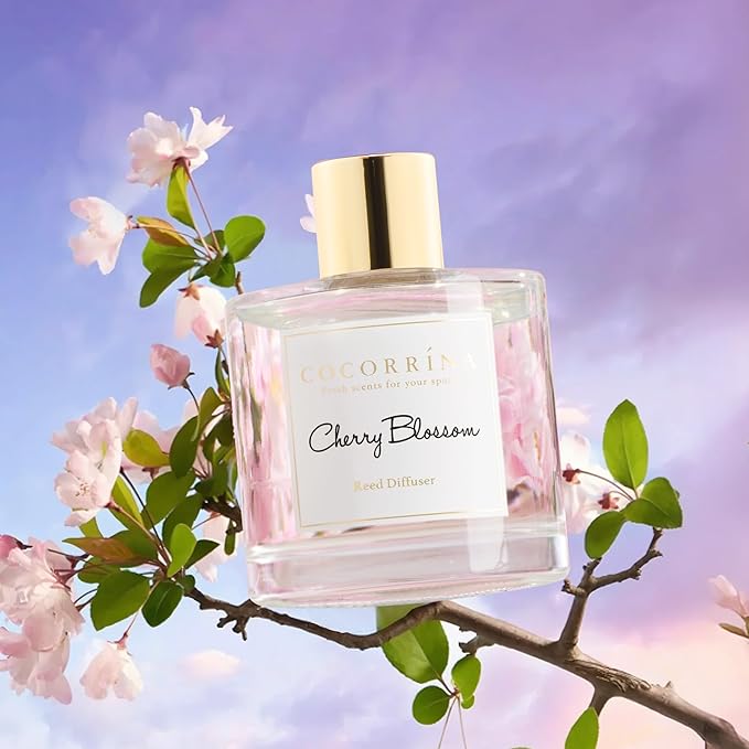 Cocorrína Reed Diffuser Set,6.7oz (200ml) Cherry Blossom Scented Diffuser with 3 White Rose Foam Flowers & Cotton Sticks, Home Fragrance Reed Diffuser for Bathroom Shelf Decor