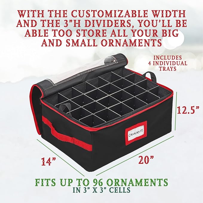 HOLDN’ STORAGE Christmas Ornament Storage Box with Dividers - Fits 96-3” Ornaments, 4 Removable Trays, Durable & Space-Saving, Clear Top Lid, Convenient Storage Designed, Black