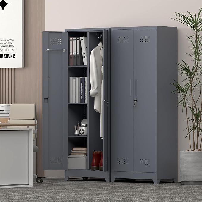 65" H Metal Garage Storage Cabinet,Broom Closet Storage Cabinet with Adjust Shelves,Utility Cabinet,Utility Closet for Garage,Gray-White