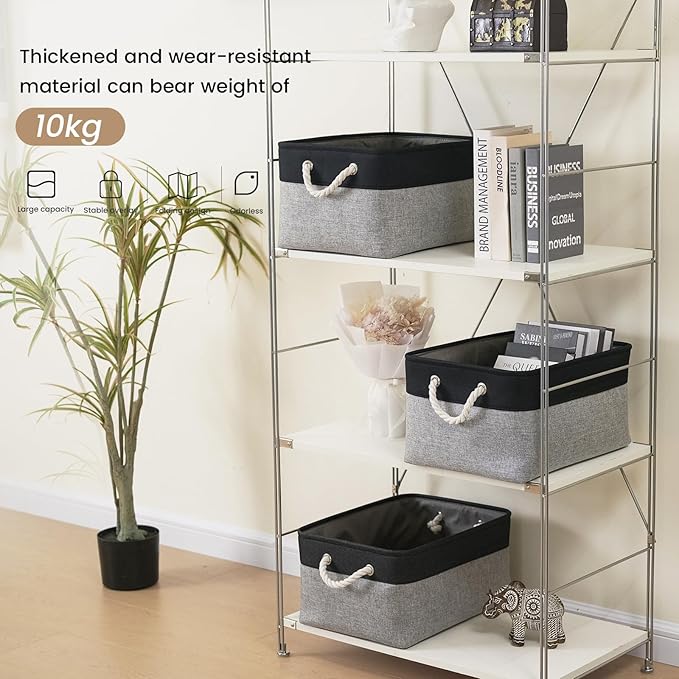 Large Storage Baskets- 15.7x11.8x8.26 inch Storage Bins for Shelves and Closet Organizing, Foldable Fabric Bin for Home Organization Clothes and Laundry (3-Pack, Black&Gray)