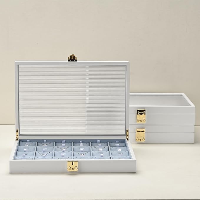 Oirlv White 12 Gird Luxury Leather Jewelry Organizer Tray with Clear Lid Lockable Jewelry Box Bangle Holder Box for Women (Blue Interior) 12 Grid