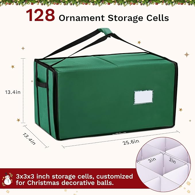 Christmas Ornament Storage Box, Ornament Organizer with 8 Removable Trays and Adjustable Dividers Holds 128 Pcs Decoration Balls, Dual Zipper for Christmas Ornament Storage (Green)