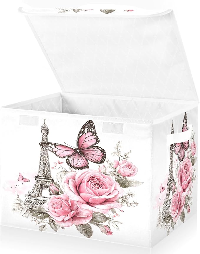 Bolaz Bow Flower Eiffel Tower Storage Bins with Lids and Handles, Foldable Storage Box Storage Basket with Cover Collapsible Organizer Containers for Home Closet, Shelves