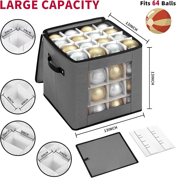 Christmas Ornament Storage Box With Adjustable Dividers,Ornament Storage Container with Two Handles for 64Holiday Decorations,Gray