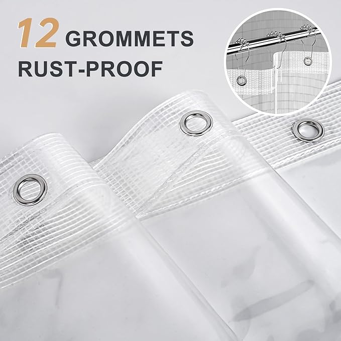 AmazerBath Heavy Duty Shower Curtain Liner 12 Gauge, 72 x 84 Inches Clear Shower Curtain Liner with 3 Clear Stones and 12 Grommet Holes, Weighted Plastic Shower Liner