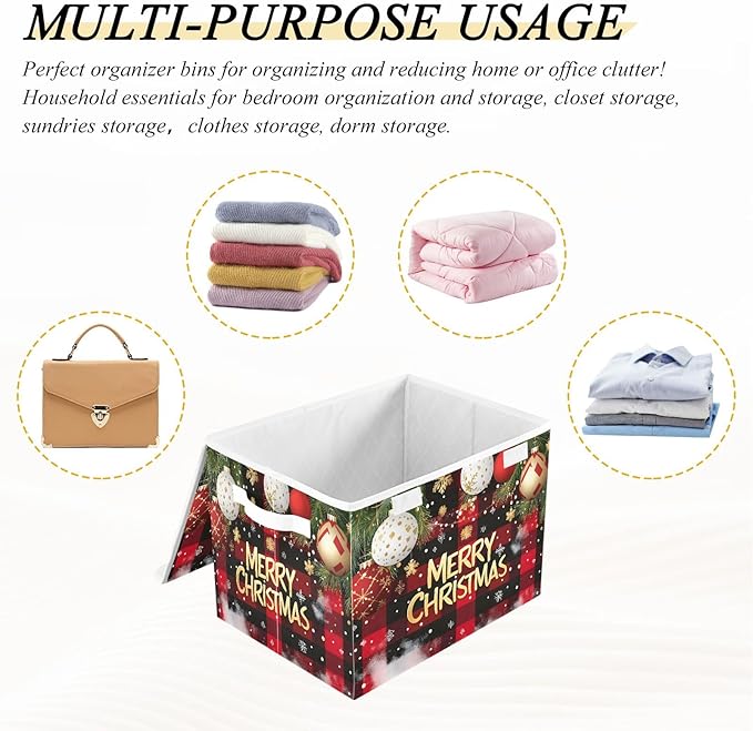 Bolaz Storage Bins with Lids and Handles,Christmas Red Plaid Storage Box Storage Basket with Cover Collapsible Organizer Containers for Home Closet, Shelves